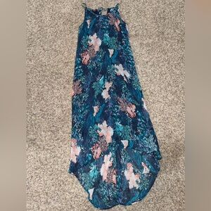 Old Navy sleeveless sundress blue / teal tropical floral print and a hi-lo hem